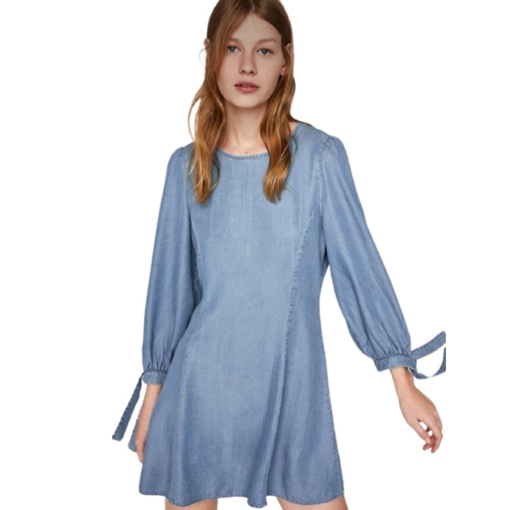 EUC Zara Woman Small Premium Chambray Denim Dress With Bow Sleeves